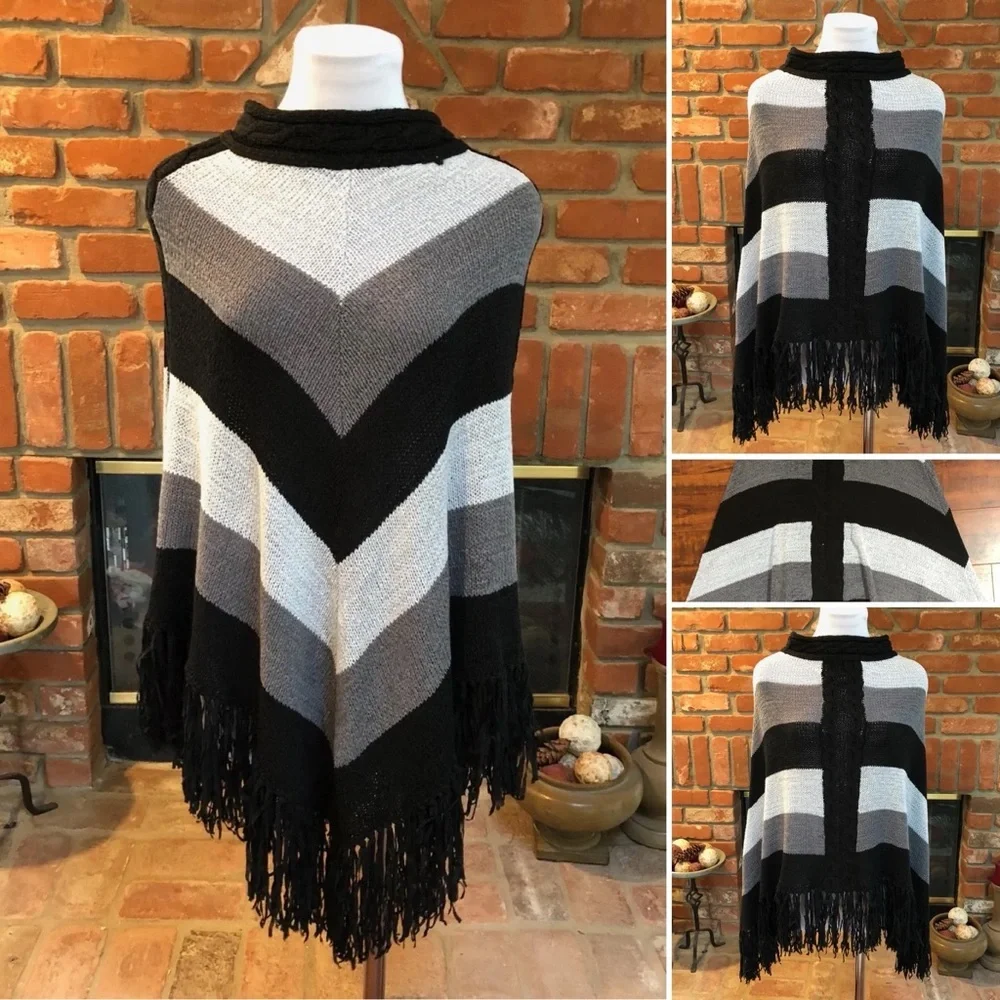 Vintage Nlavk Gray/s Fringe Knit Poncho Shawl Cape